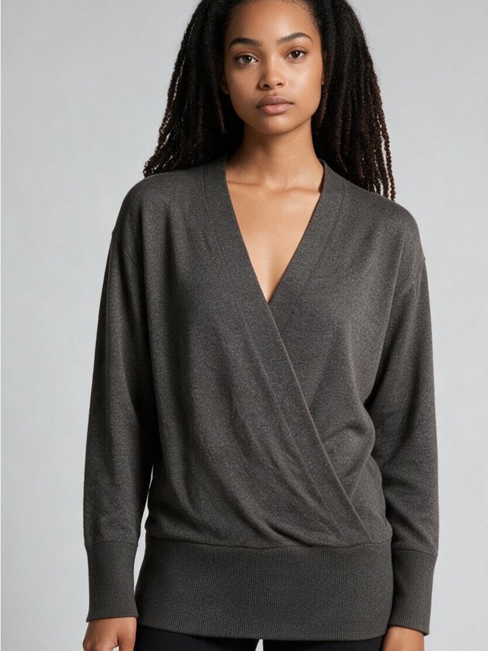ATHLETA Purana V Neck Wrap Sweatshirt Gray Cozy Athleisure Yoga Workout SZ S/P